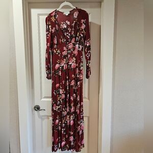 Loveriche Maxi Dress V Neck Long Sleeves Button Front Small Floral Burgundy EUC